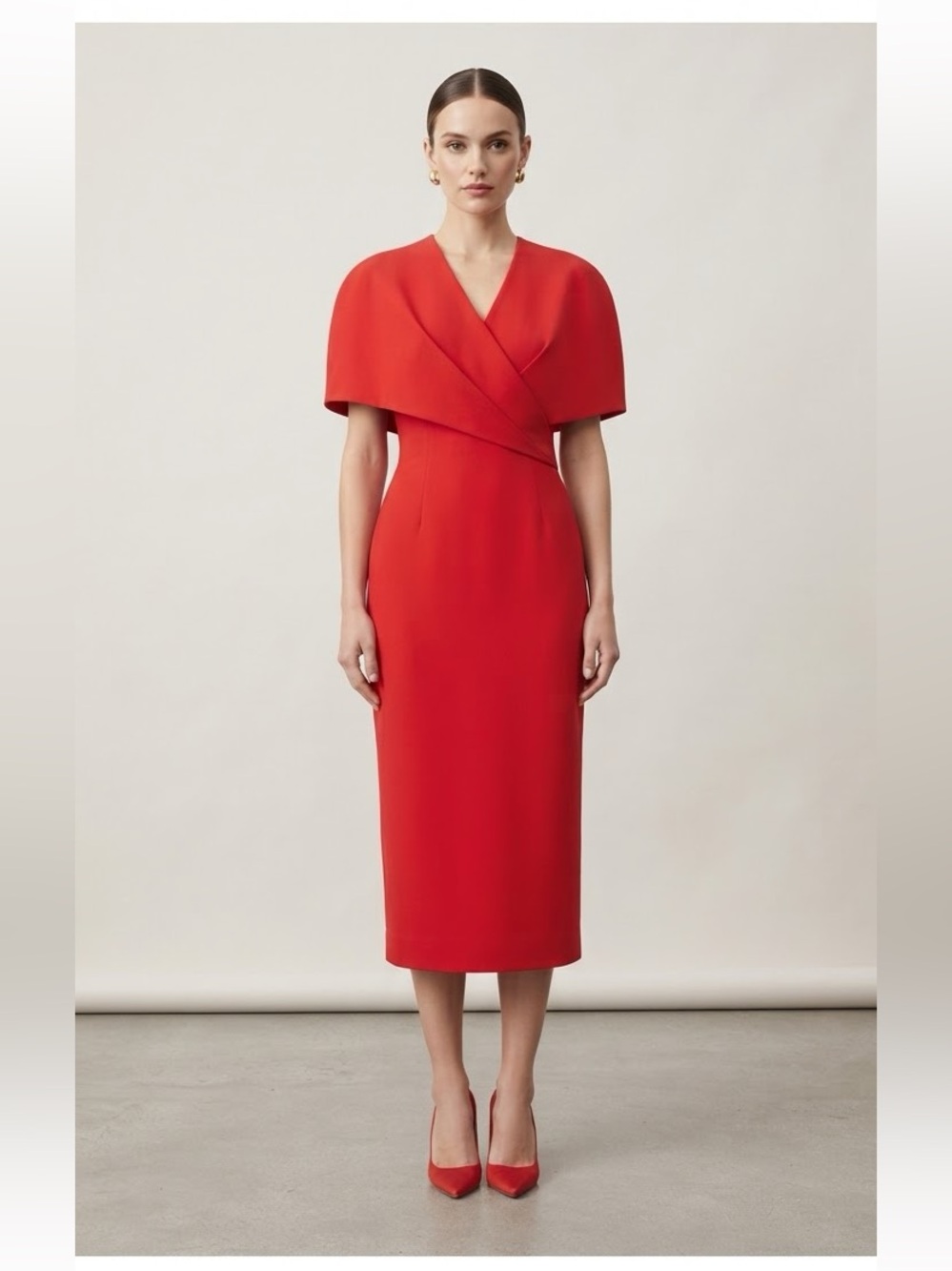 Sculpted Red Midi Dress with Cape-Inspired Overlay